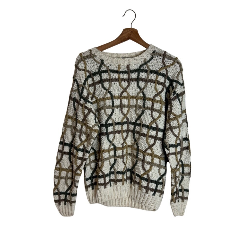 Geoffrey Beene 90s hand knit 3D multicolor sweater interwoven lattice pattern S